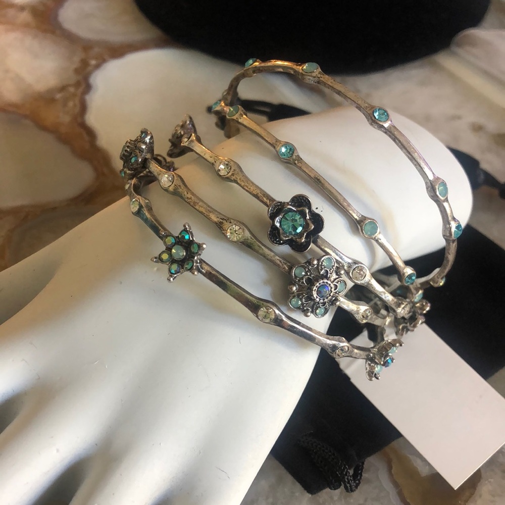 Set of Five Antiqued Silver & Crystal Bangle Bracelets-Boutique